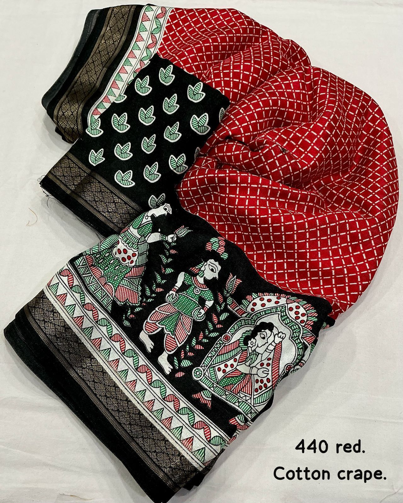 Cotton Crape Pashmina Printed Saree – Red & Black | Soft Cotton Crape with Zari Pattu Border & Running Printed Blouse | Best Seller