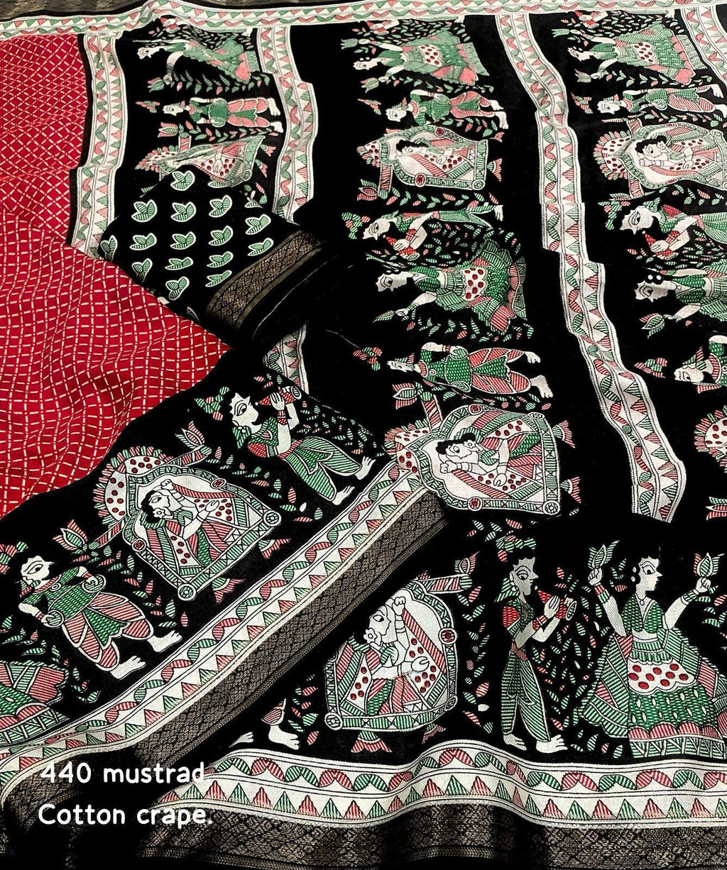 Cotton Crape Pashmina Printed Saree – Red & Black | Soft Cotton Crape with Zari Pattu Border & Running Printed Blouse | Best Seller