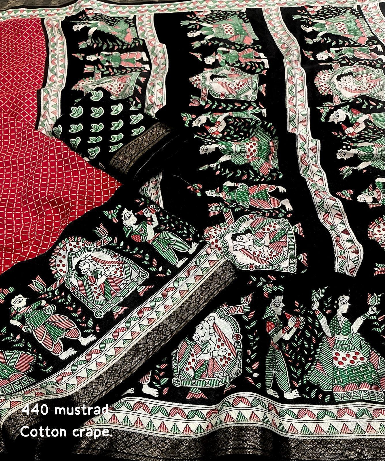 Cotton Crape Pashmina Printed Saree – Red & Black | Soft Cotton Crape with Zari Pattu Border & Running Printed Blouse | Best Seller