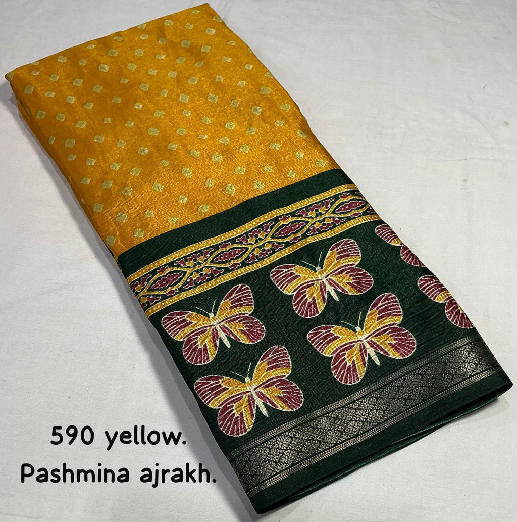Cotton Crape Pashmina Printed Saree – Yellow Ajrakh Butterfly Design | Soft Cotton Crape with Zari Pattu Border & Running Printed Blouse