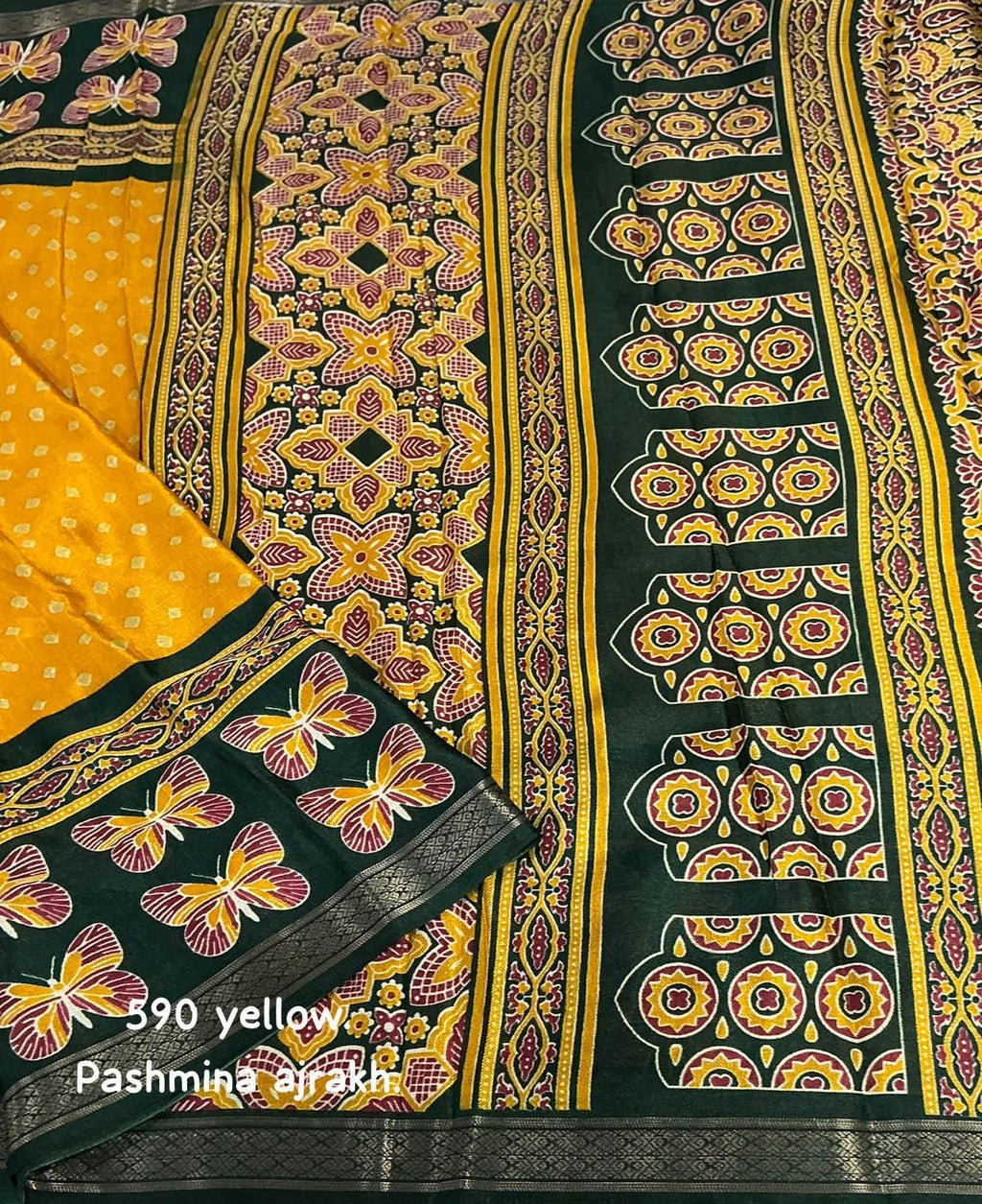 Cotton Crape Pashmina Printed Saree – Yellow Ajrakh Butterfly Design | Soft Cotton Crape with Zari Pattu Border & Running Printed Blouse