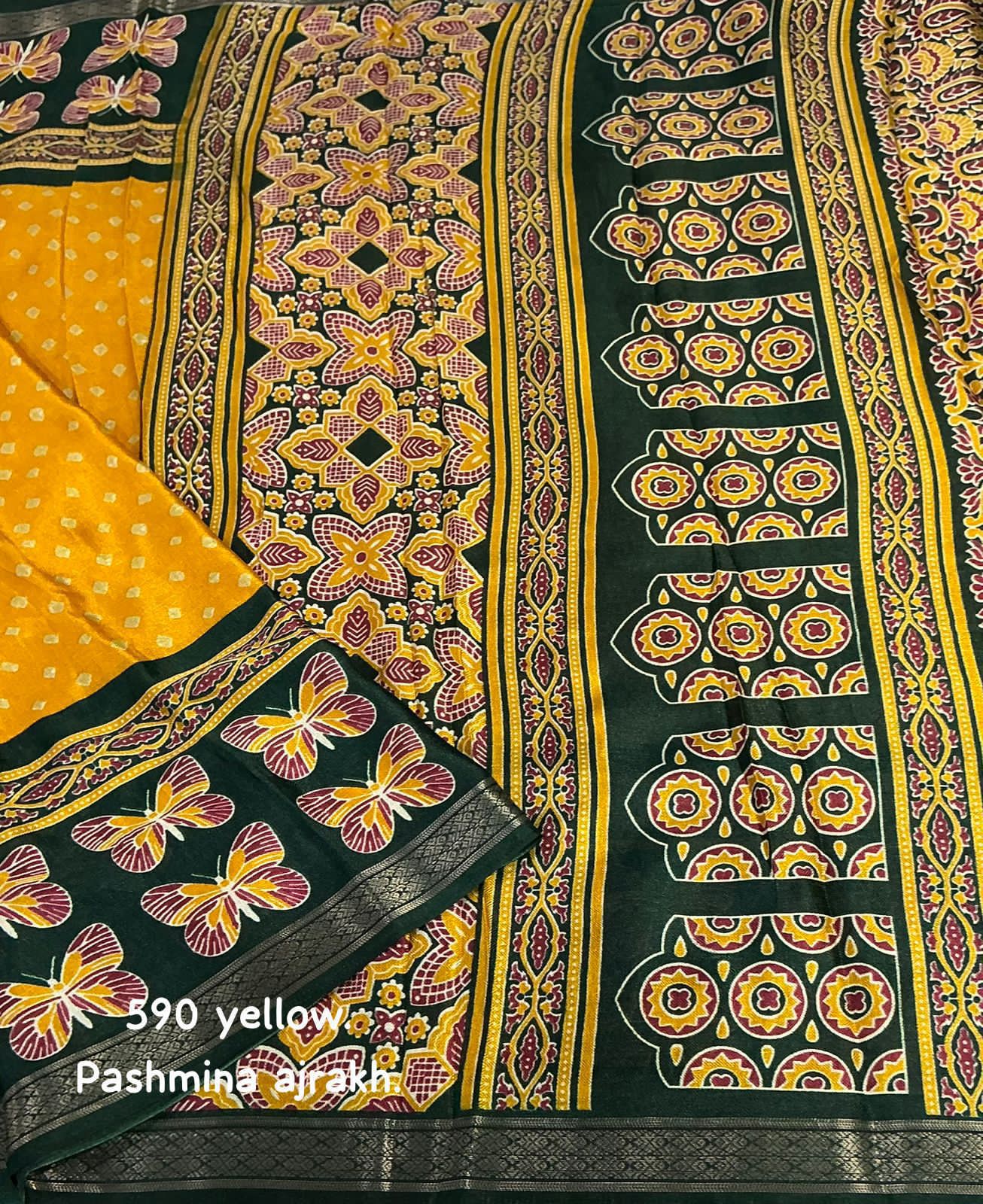 Cotton Crape Pashmina Printed Saree – Yellow Ajrakh Butterfly Design | Soft Cotton Crape with Zari Pattu Border & Running Printed Blouse