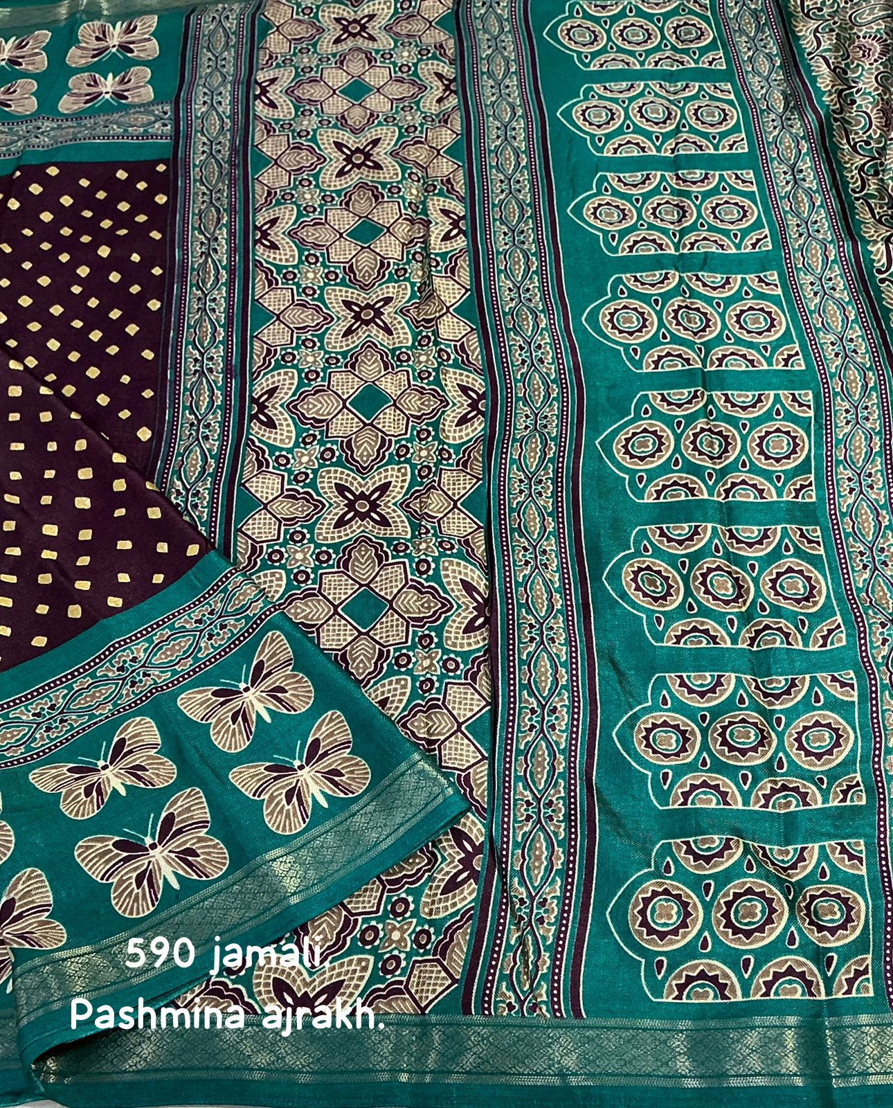 Cotton Crape Pashmina Saree – Jamal Ajrakh Design | Soft Cotton Crape with Zari Pattu Border & Running Printed Blouse | Best Seller