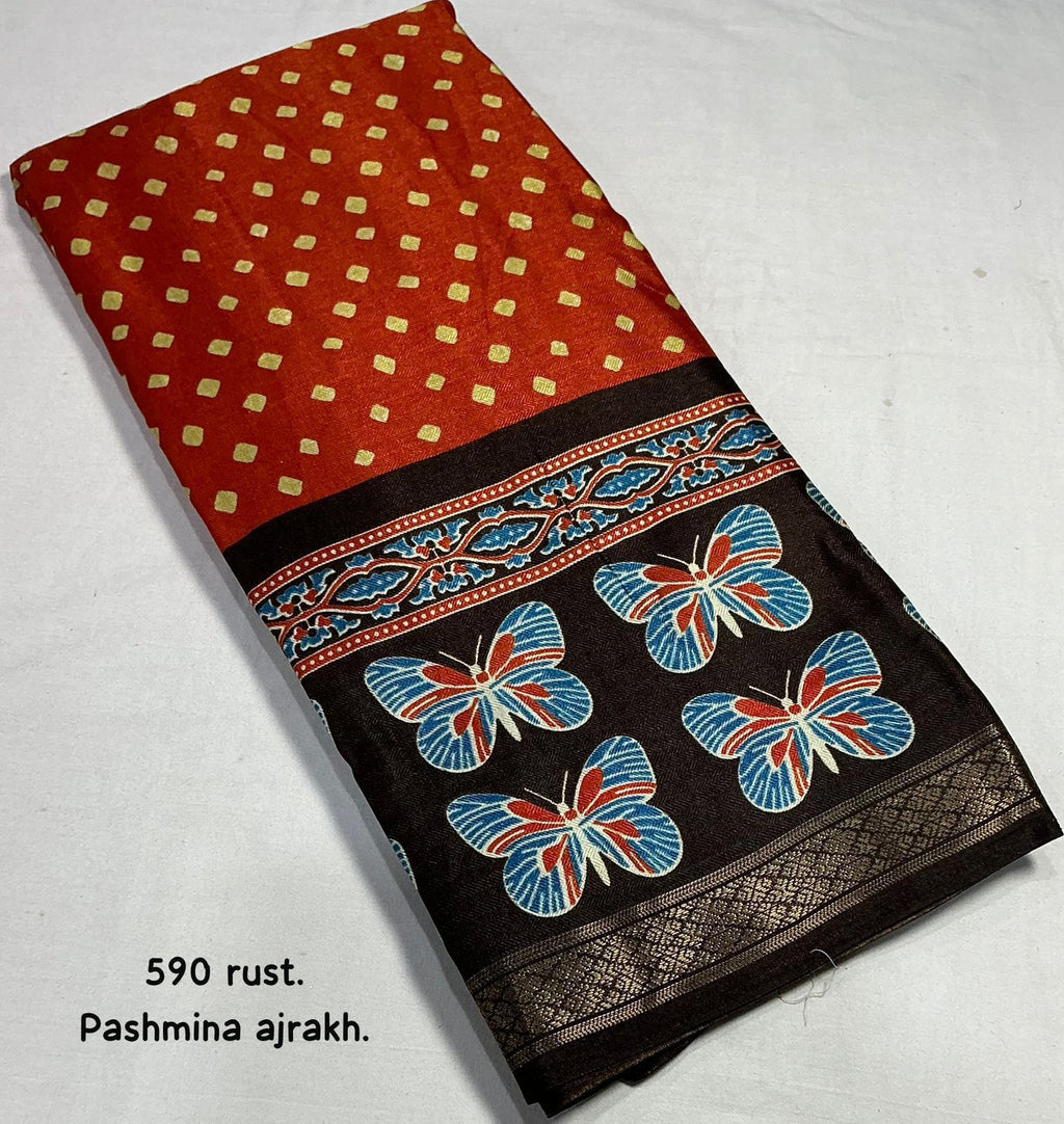 Cotton Crape Pashmina Saree – Rust Ajrakh Butterfly Design | Soft Cotton Crape with Zari Pattu Border & Running Printed Blouse | Best Seller