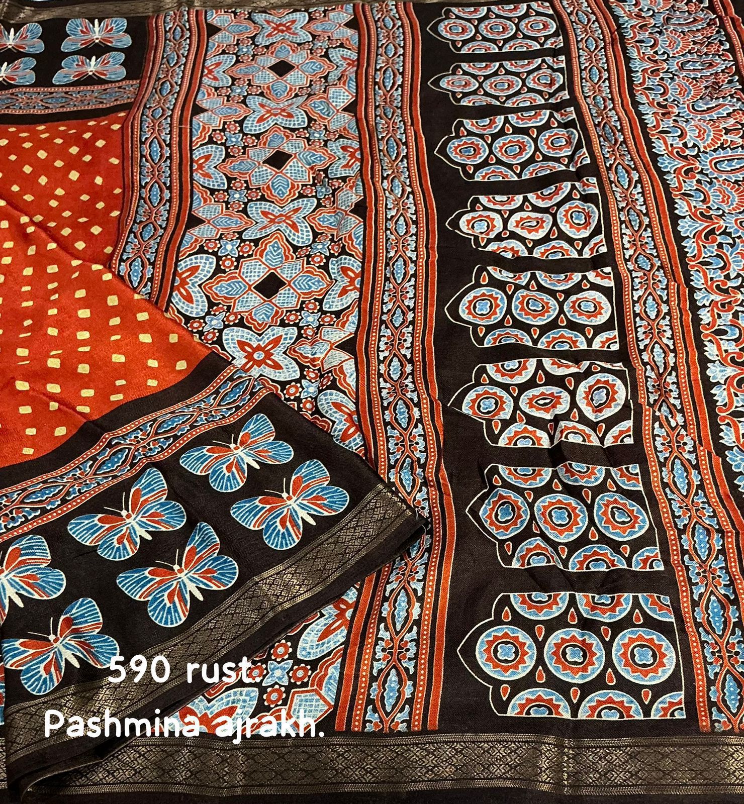 Cotton Crape Pashmina Saree – Rust Ajrakh Butterfly Design | Soft Cotton Crape with Zari Pattu Border & Running Printed Blouse | Best Seller