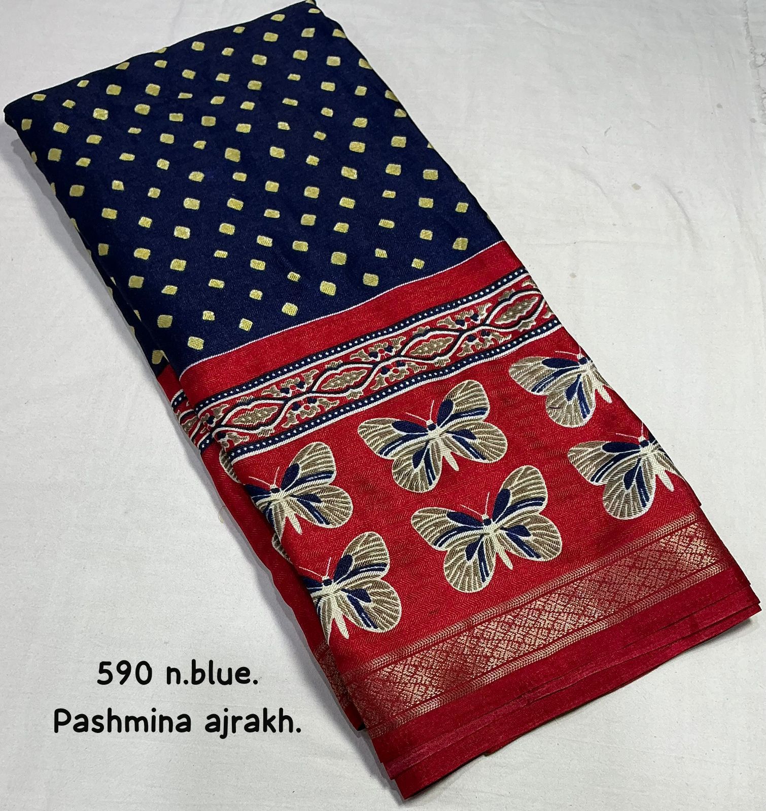 Cotton Crape Pashmina Saree – Navy Blue Ajrakh Butterfly Design | Soft Cotton Crape with Zari Pattu Border & Running Printed Blouse | Best Seller