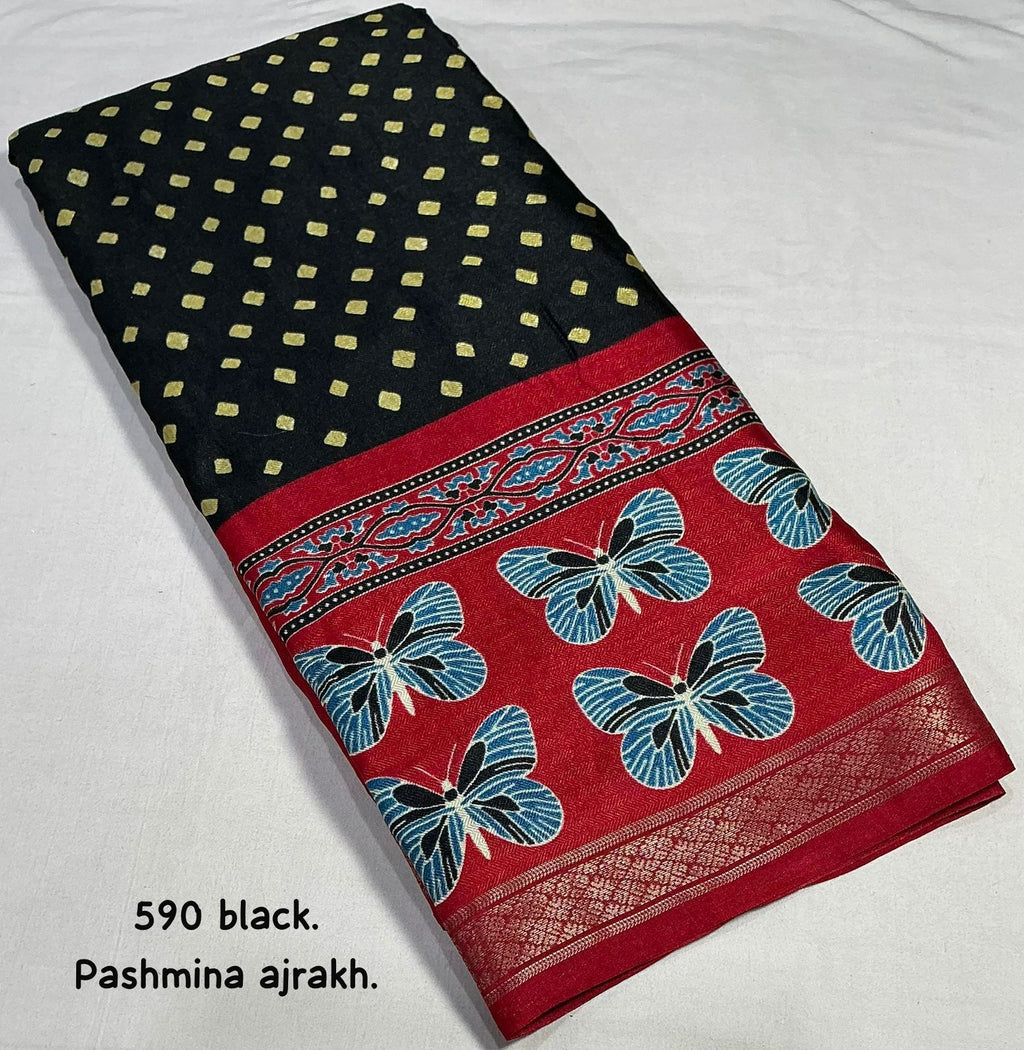 Cotton Crape Pashmina Saree – Black Ajrakh Butterfly Design | Soft Cotton Crape with Zari Pattu Border & Running Printed Blouse | Best Seller