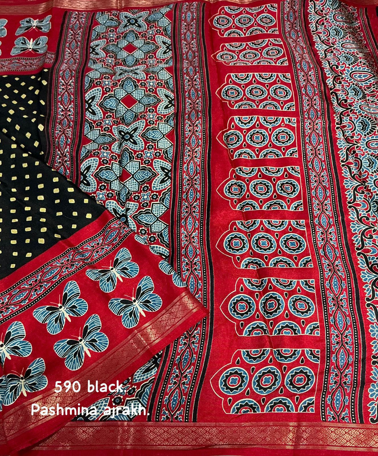 Cotton Crape Pashmina Saree – Black Ajrakh Butterfly Design | Soft Cotton Crape with Zari Pattu Border & Running Printed Blouse | Best Seller