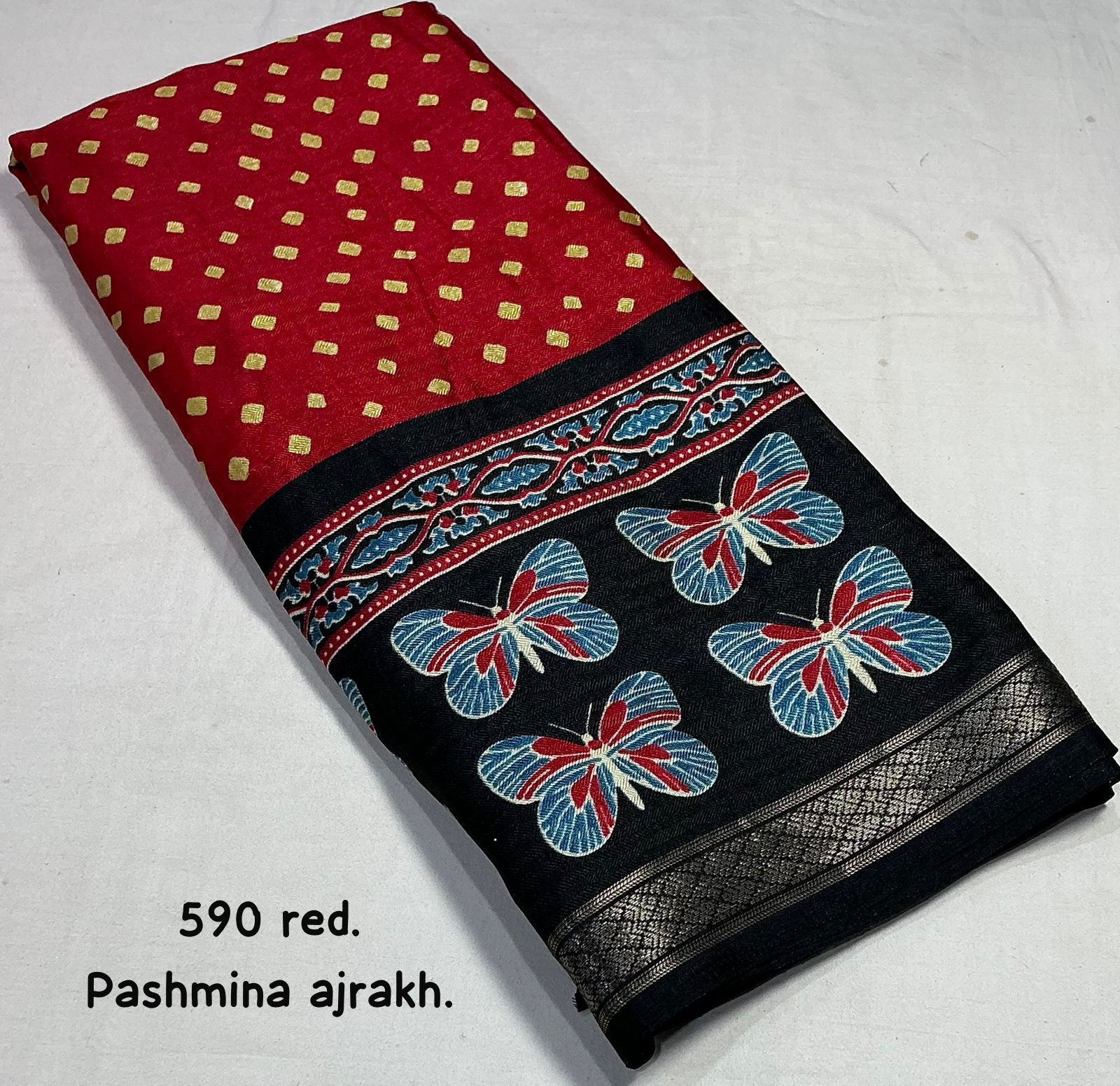Cotton Crape Pashmina Saree – Red Ajrakh Butterfly Design | Soft Cotton Crape with Zari Pattu Border & Running Printed Blouse | Best Seller