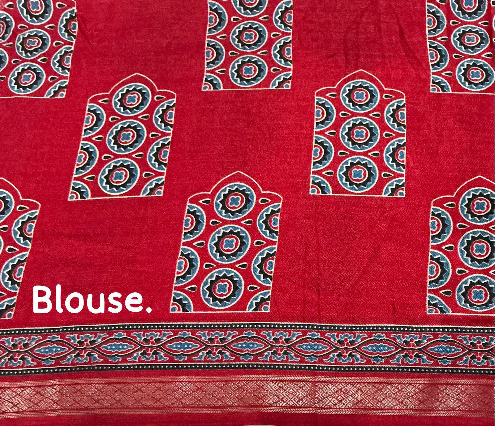 Cotton Crape Pashmina Saree – Red Ajrakh Butterfly Design | Soft Cotton Crape with Zari Pattu Border & Running Printed Blouse | Best Seller