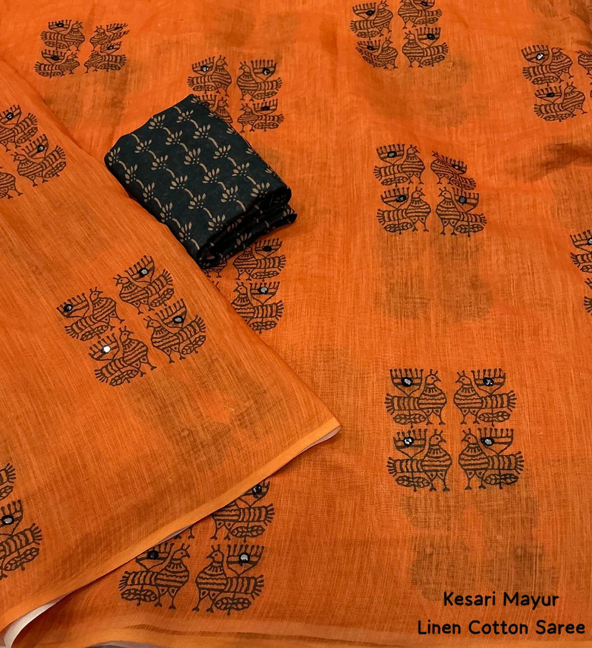 Kesari Mayur Soft Linen Cotton Saree with Aari Mirror Work & Running Blouse