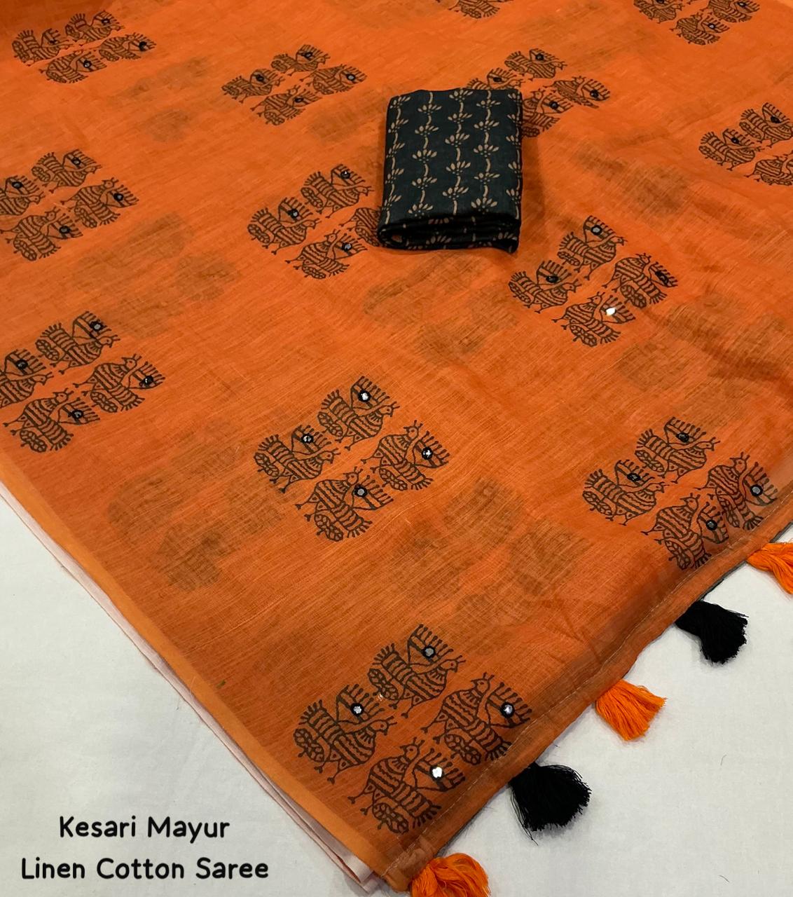 Kesari Mayur Soft Linen Cotton Saree with Aari Mirror Work & Running Blouse