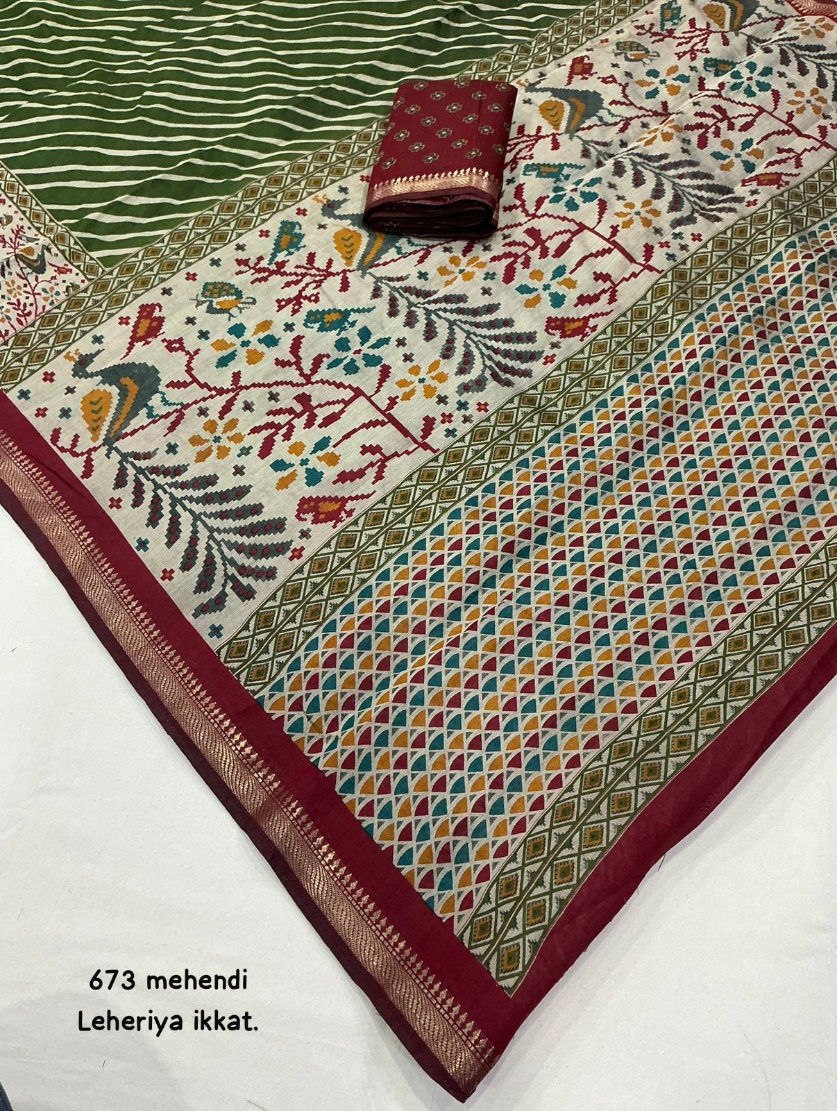 Mangalgiri Style Soft Cotton Printed Saree with Zari Pattu Border & Running Butti Blouse