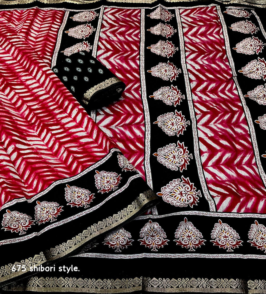 Shibori Style Soft Cotton Printed Saree with Zari Pattu Border & Running Blouse