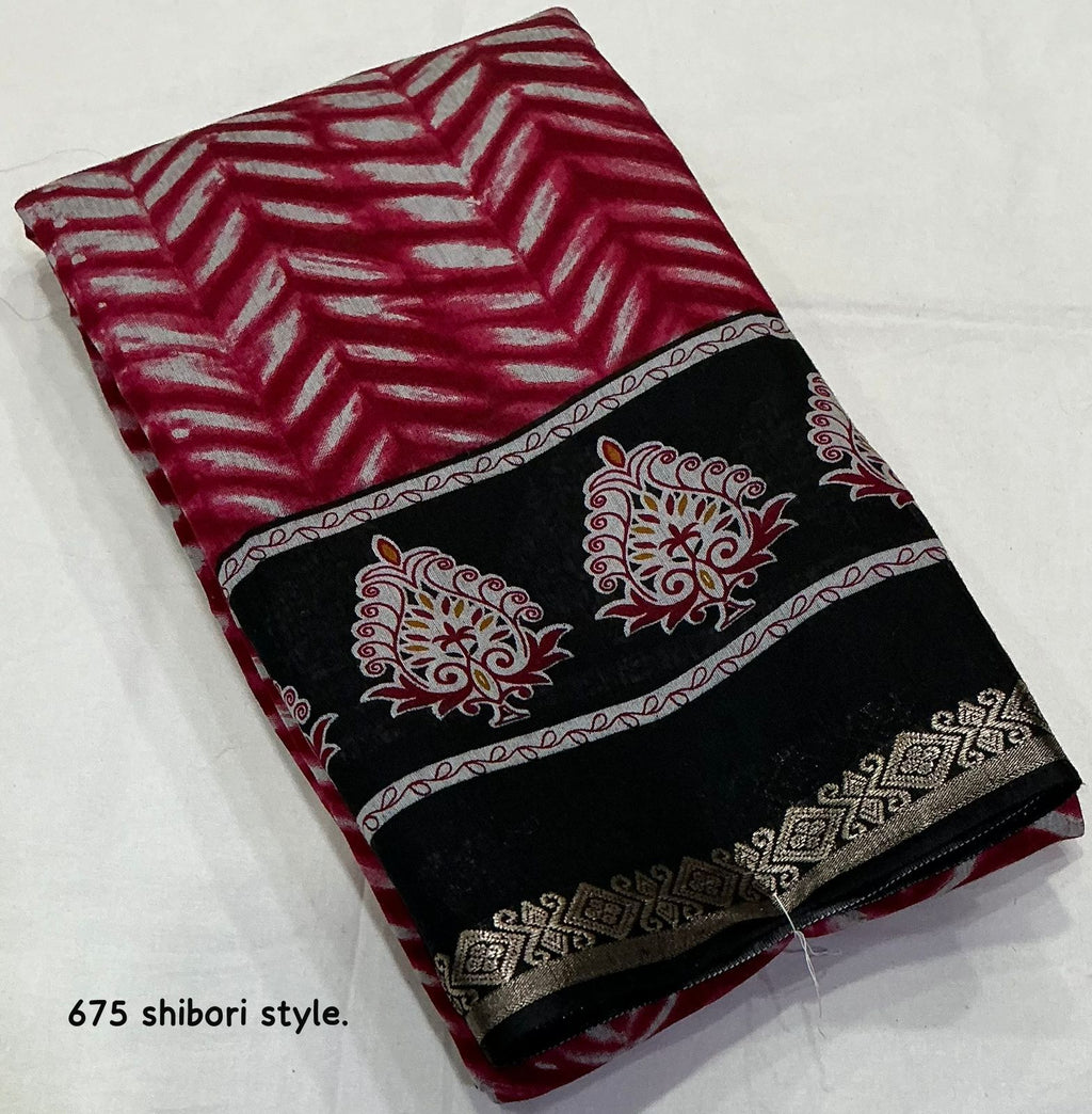 Shibori Style Soft Cotton Printed Saree with Zari Pattu Border & Running Blouse