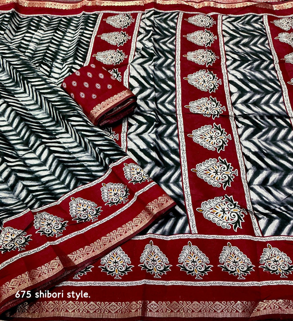 Shibori Style Soft Cotton Printed Saree with Zari Pattu Border & Running Blouse