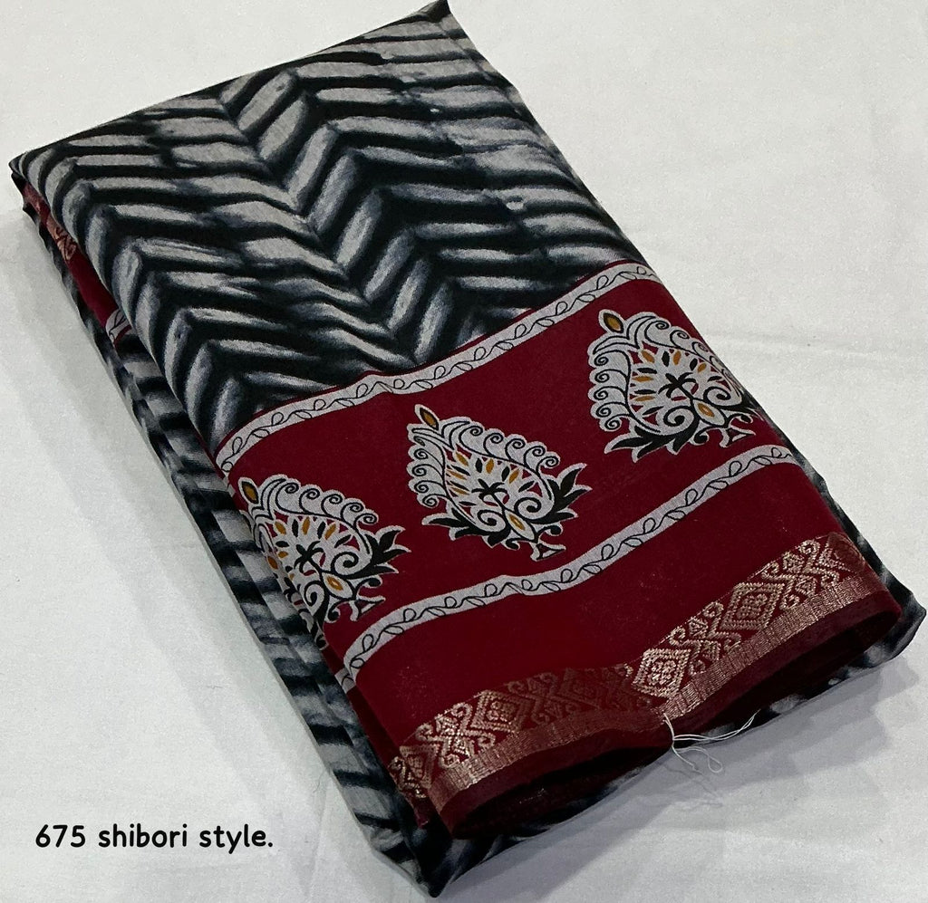 Shibori Style Soft Cotton Printed Saree with Zari Pattu Border & Running Blouse