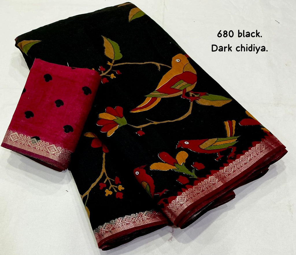 Dark Chidiya Soft Cotton Printed Saree with Zari Pattu Border & Running Blouse