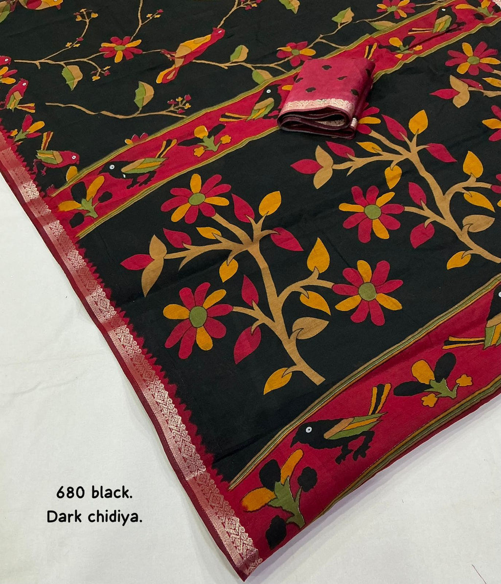 Dark Chidiya Soft Cotton Printed Saree with Zari Pattu Border & Running Blouse