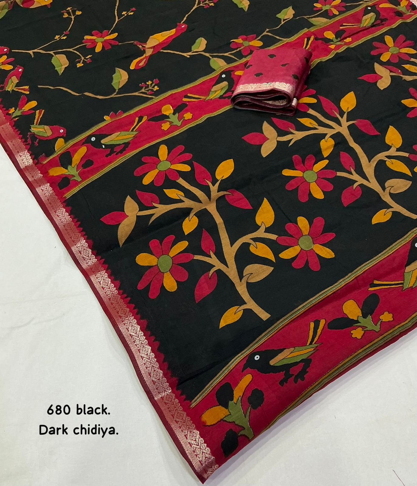 Dark Chidiya Soft Cotton Printed Saree with Zari Pattu Border & Running Blouse