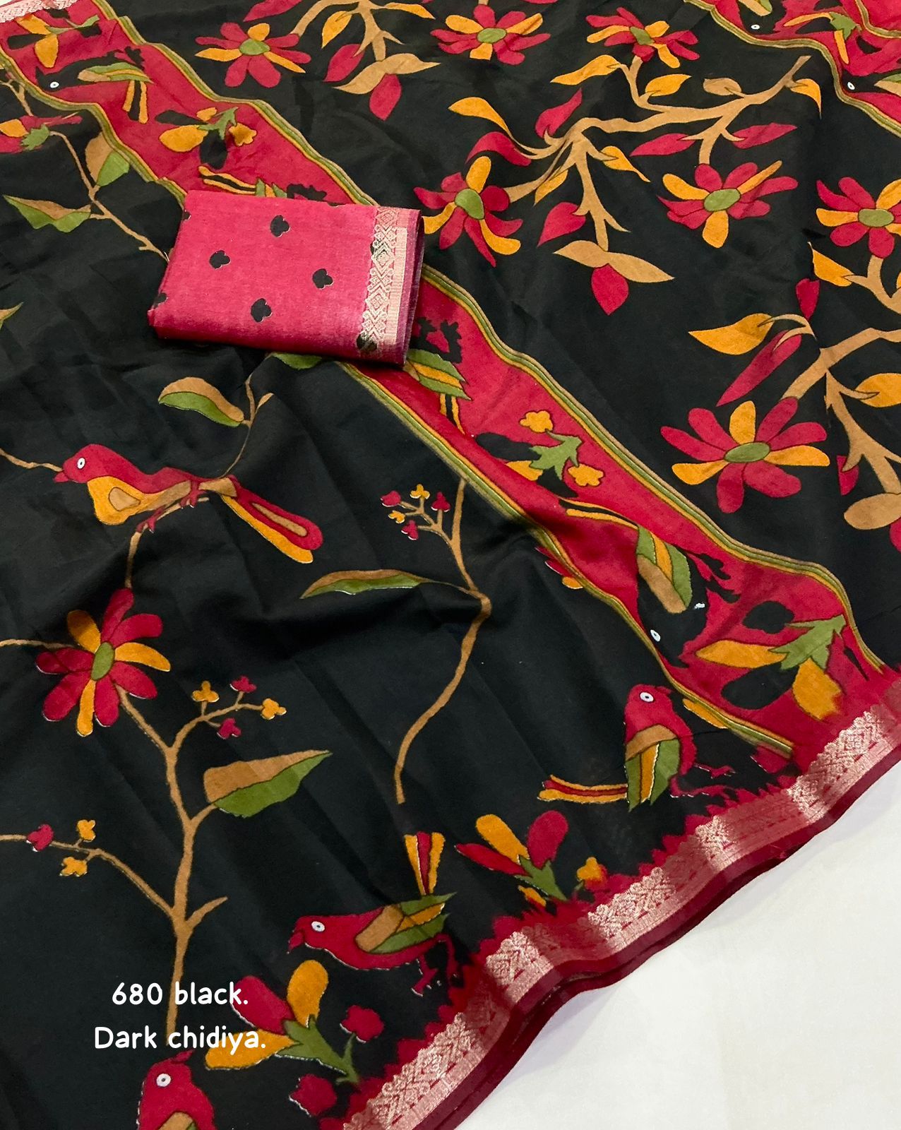 Dark Chidiya Soft Cotton Printed Saree with Zari Pattu Border & Running Blouse