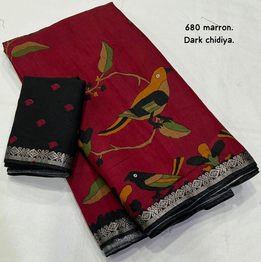 Dark Chidiya Marron Soft Cotton Printed Saree with Zari Pattu Border & Running Blouse