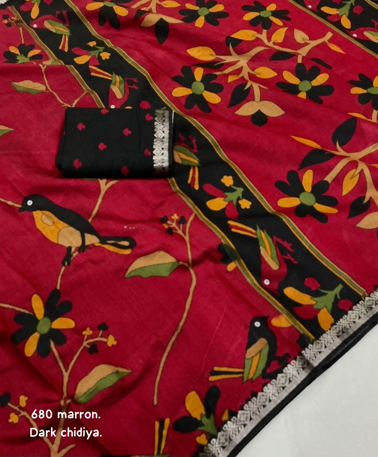 Dark Chidiya Marron Soft Cotton Printed Saree with Zari Pattu Border & Running Blouse