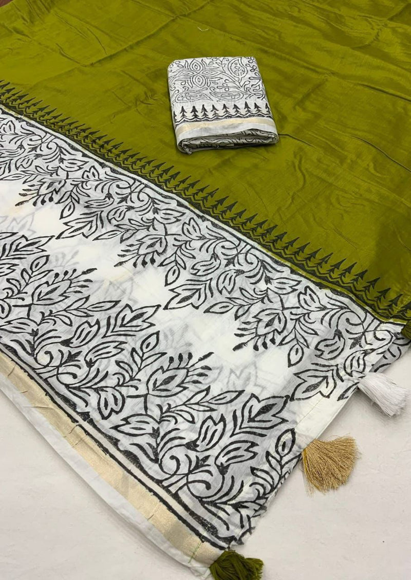 Pure Chanderi Saree with Contemporary Hand-Block Prints