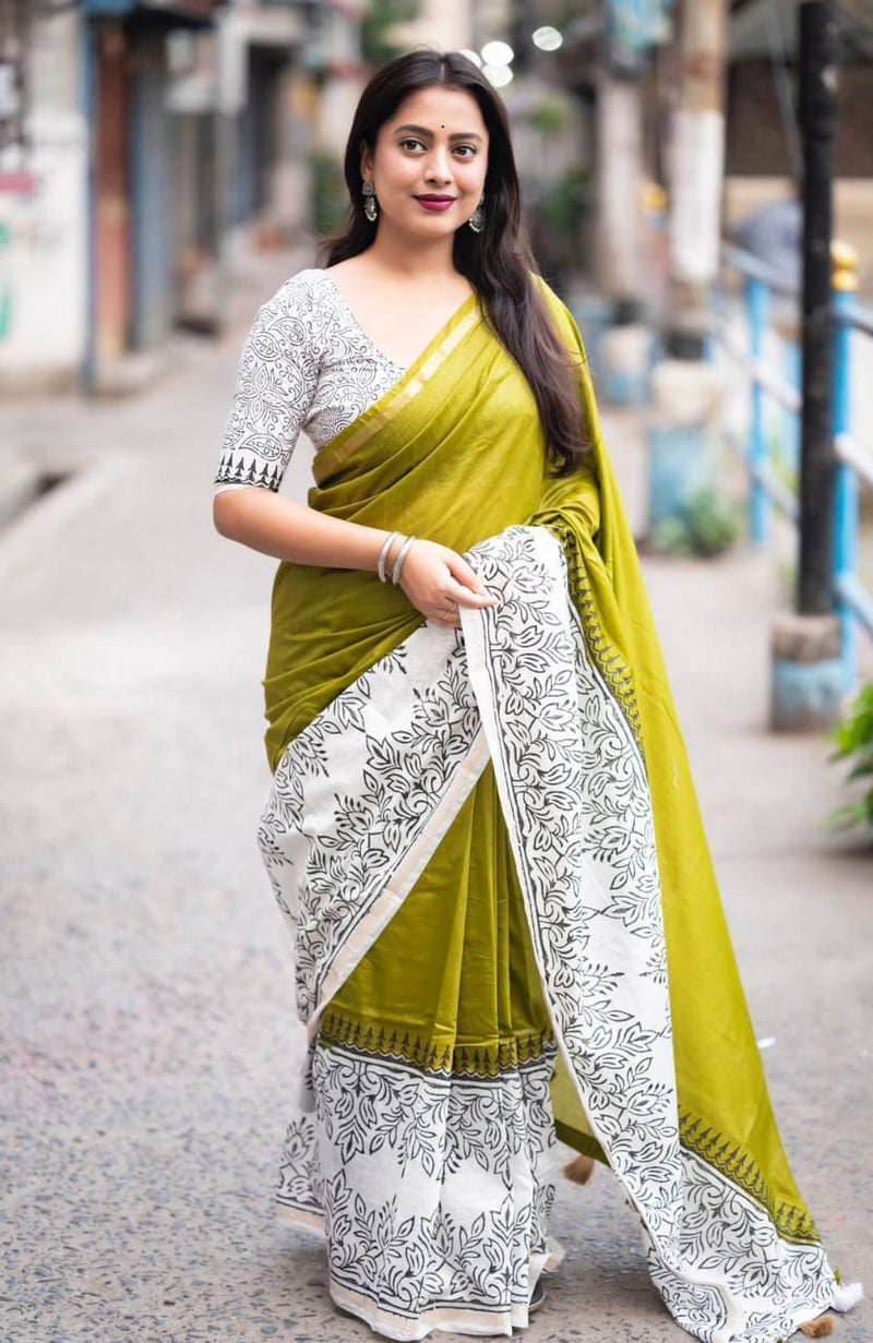 Pure Chanderi Saree with Contemporary Hand-Block Prints