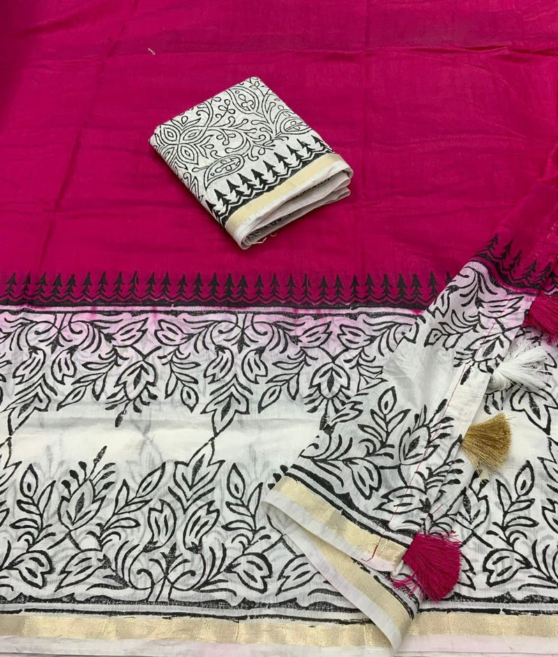 Pure Chanderi Saree with Contemporary Hand-Block Prints