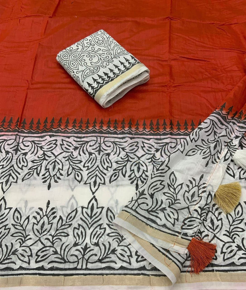 Pure Chanderi Saree with Contemporary Hand-Block Prints