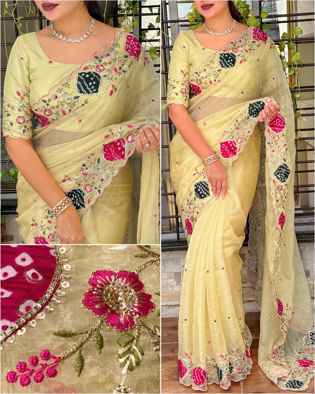 Mayra Crystal Tissue Saree with Zari Embroidery & Hand Applique Bandhej Border | Designer Pastel Saree with Blouse