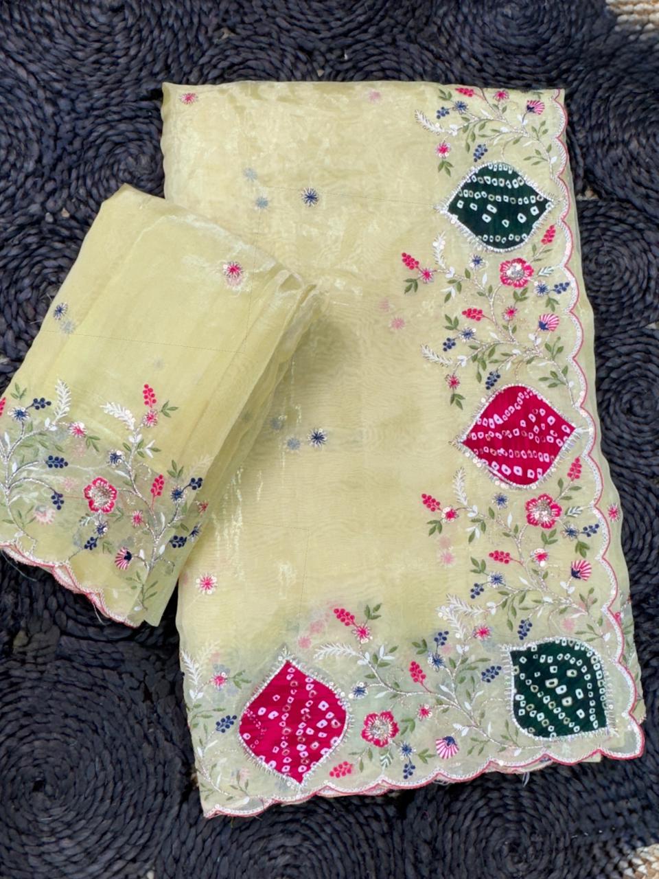 Mayra Crystal Tissue Saree with Zari Embroidery & Hand Applique Bandhej Border | Designer Pastel Saree with Blouse