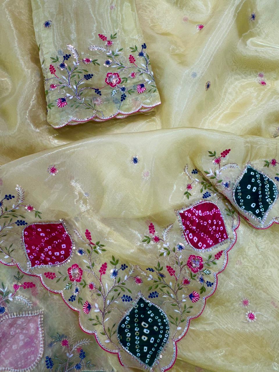 Mayra Crystal Tissue Saree with Zari Embroidery & Hand Applique Bandhej Border | Designer Pastel Saree with Blouse