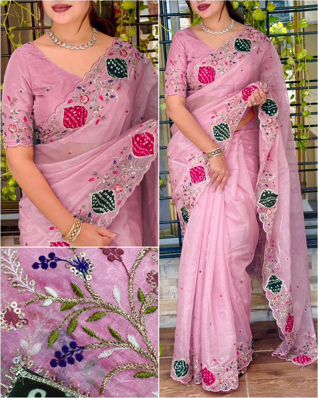 Mayra Pink Crystal Tissue Saree with Zari Embroidery & Hand Applique Bandhej Border | Designer Pastel Saree with Blouse