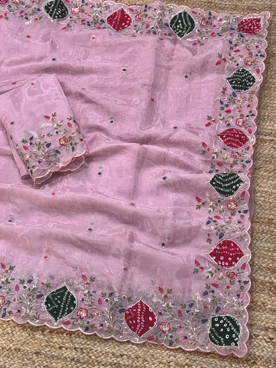 Mayra Pink Crystal Tissue Saree with Zari Embroidery & Hand Applique Bandhej Border | Designer Pastel Saree with Blouse