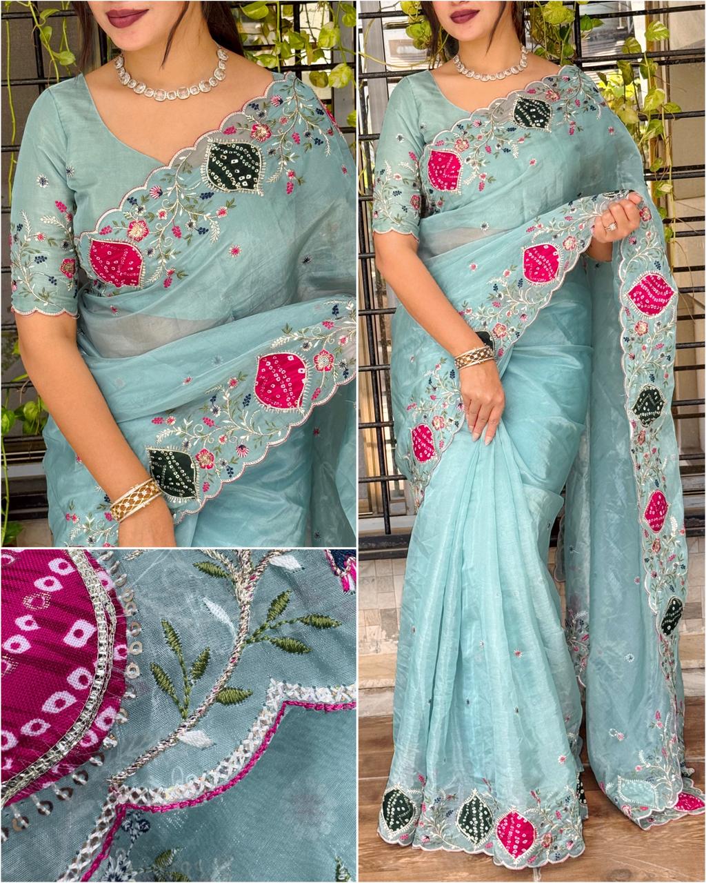Mayra Sky Blue Crystal Tissue Saree with Zari Embroidery & Hand Applique Bandhej Border | Designer Pastel Saree with Blouse