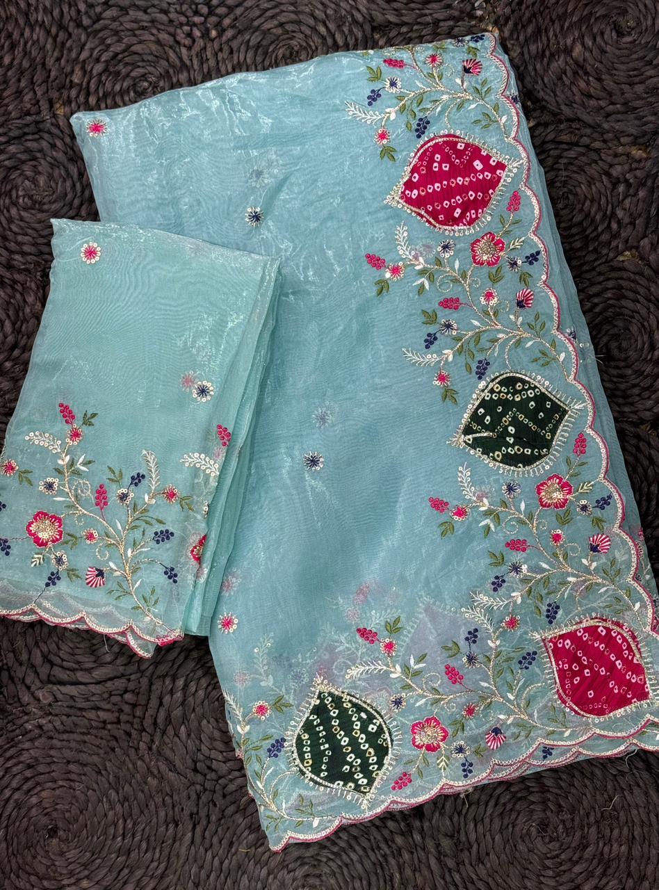 Mayra Sky Blue Crystal Tissue Saree with Zari Embroidery & Hand Applique Bandhej Border | Designer Pastel Saree with Blouse