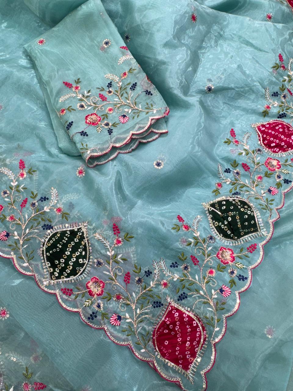 Mayra Sky Blue Crystal Tissue Saree with Zari Embroidery & Hand Applique Bandhej Border | Designer Pastel Saree with Blouse