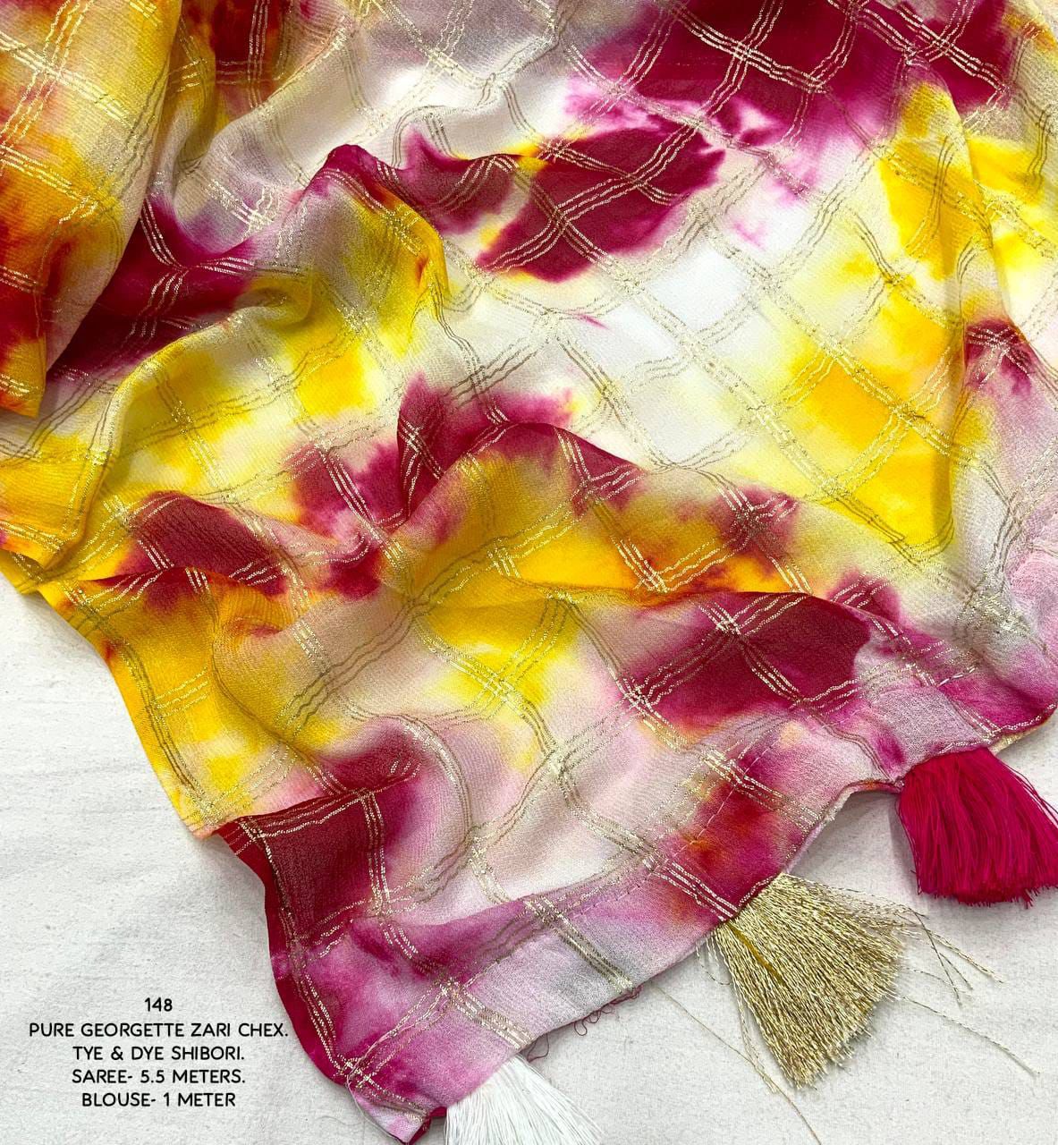 Shibori Chex Pure Georgette Saree | Yellow–Pink Multicolor Tie-Dye with Zari Woven Chex & Contrast Embroidered Blouse