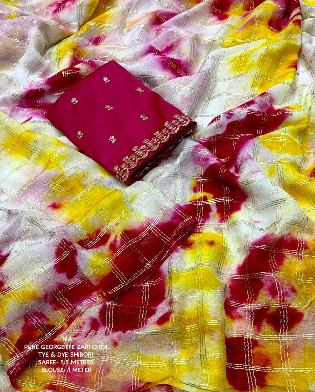 Shibori Chex Pure Georgette Saree | Yellow–Pink Multicolor Tie-Dye with Zari Woven Chex & Contrast Embroidered Blouse