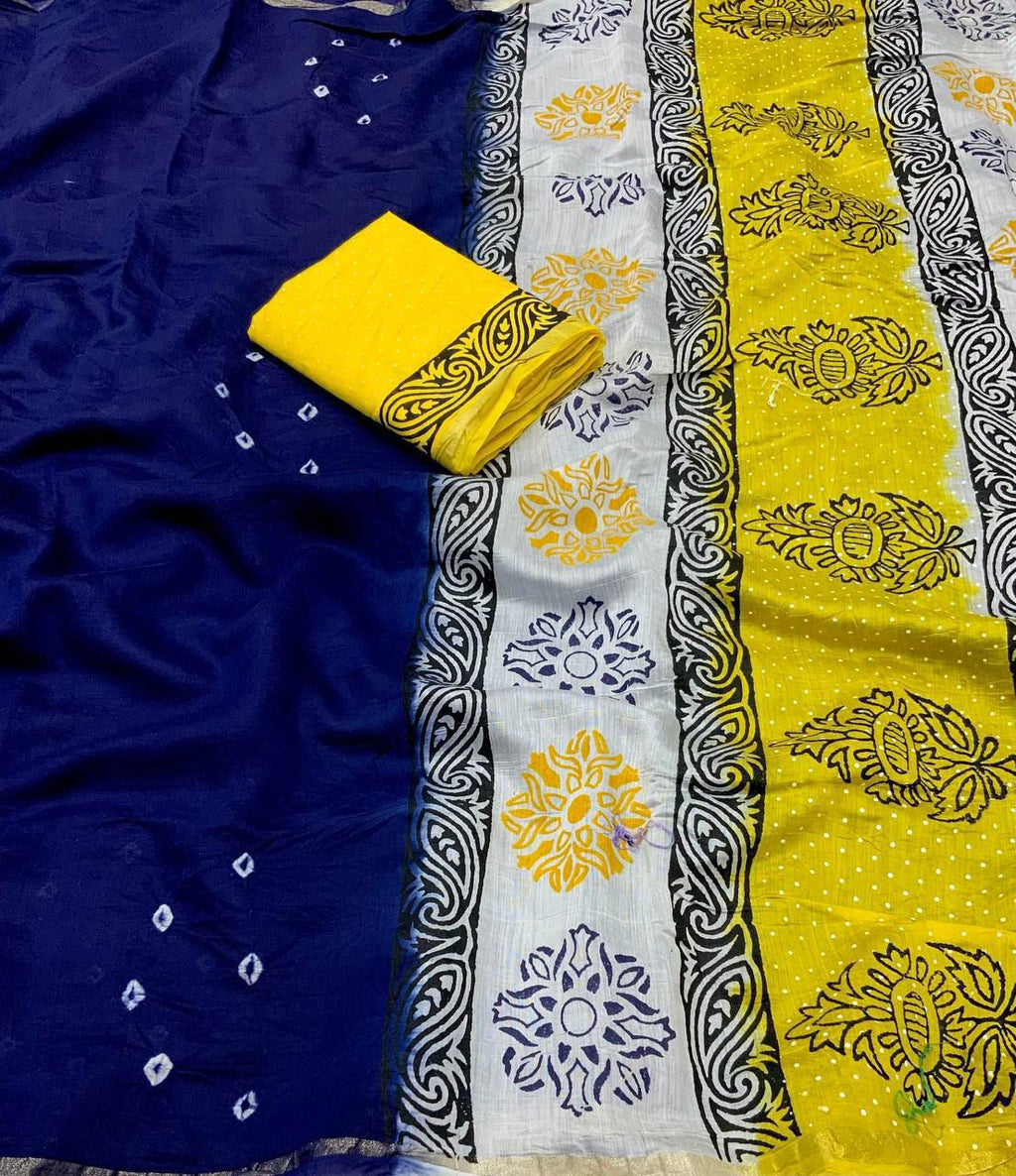 Handcrafted Bandhani Saree with Artistic Block Prints