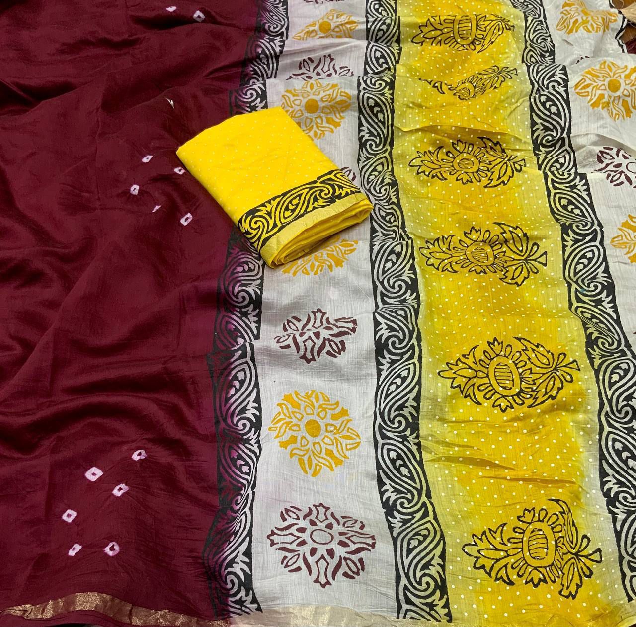 Handcrafted Bandhani Saree with Artistic Block Prints