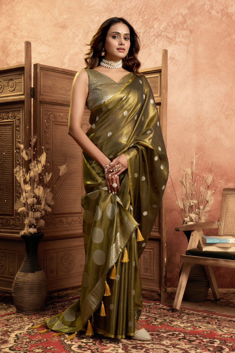 Pure Linen Silk Saree with All-Over Pola Weave & Detailed Pallu Border