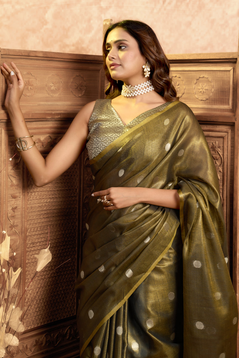 Pure Linen Silk Saree with All-Over Pola Weave & Detailed Pallu Border