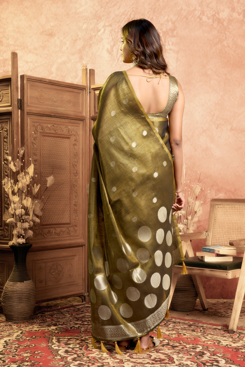 Pure Linen Silk Saree with All-Over Pola Weave & Detailed Pallu Border