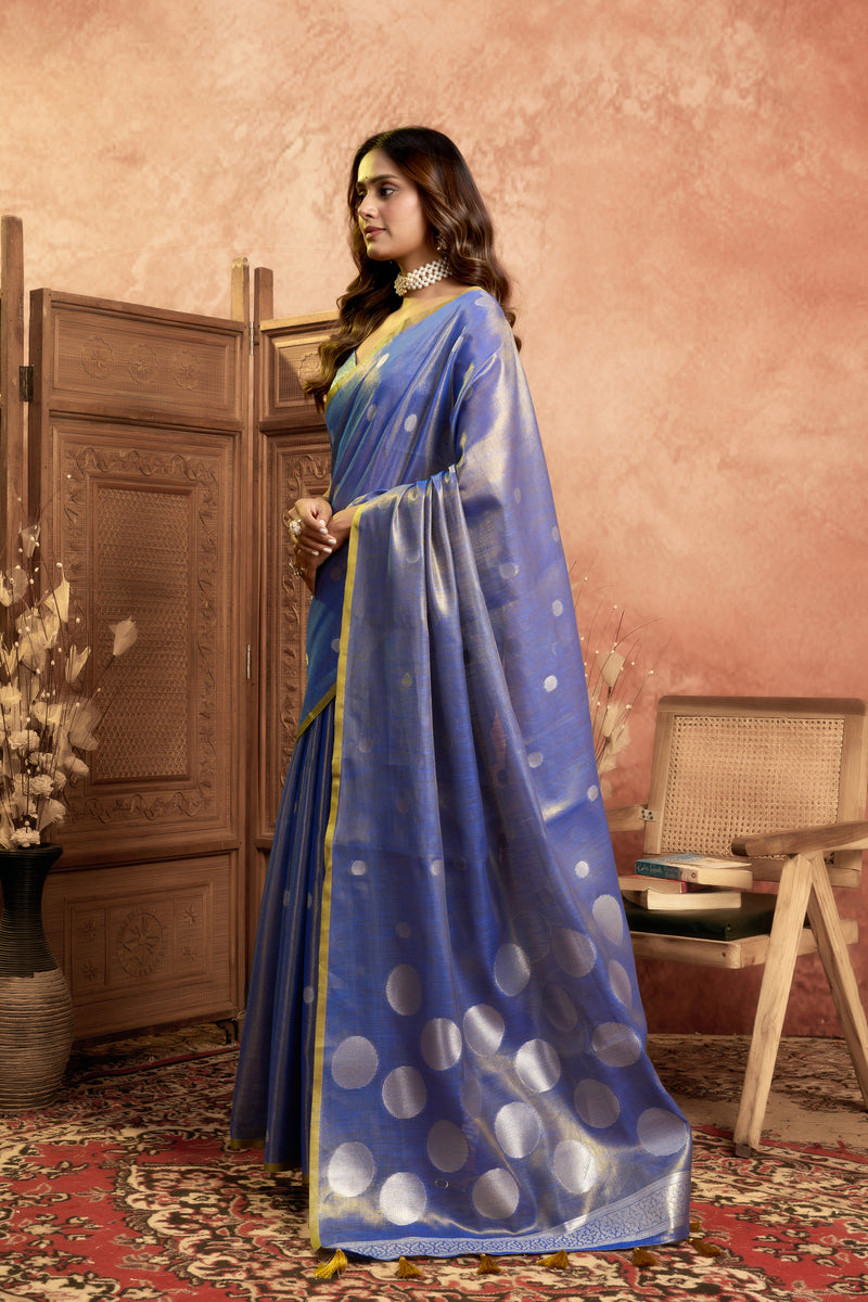 Pure Linen Silk Saree with All-Over Pola Weave & Detailed Pallu Border