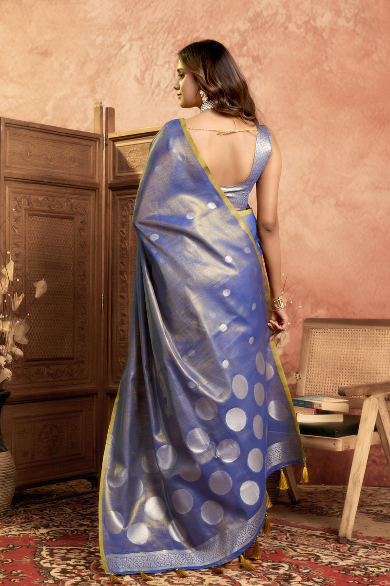 Pure Linen Silk Saree with All-Over Pola Weave & Detailed Pallu Border