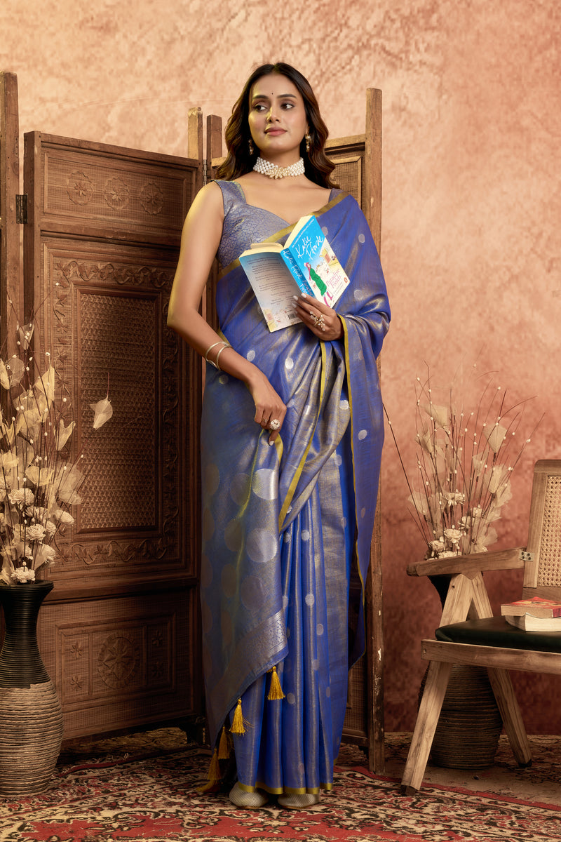 Pure Linen Silk Saree with All-Over Pola Weave & Detailed Pallu Border