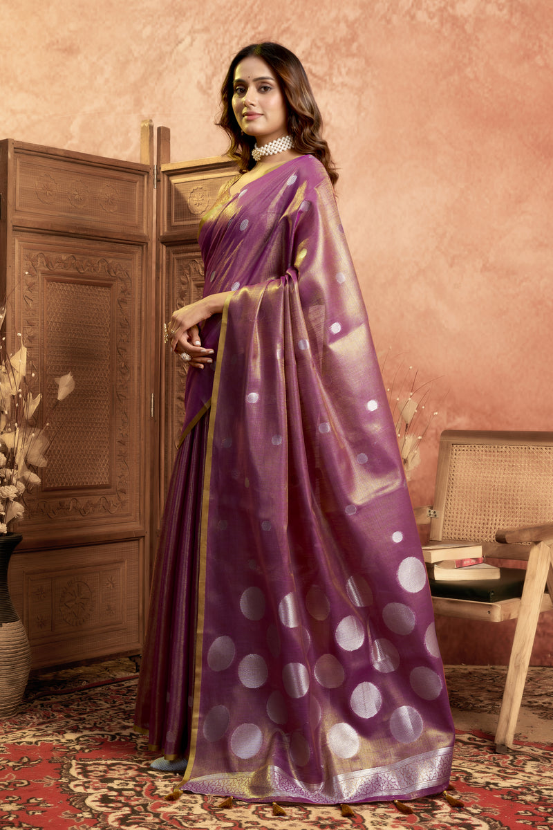Pure Linen Silk Saree with All-Over Pola Weave & Detailed Pallu Border